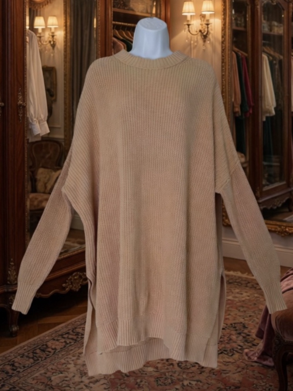 Free People 🍑 peach nude Oversized Crewneck Sweater knit cotton Tunic xs/s